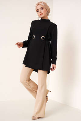 Katlı Kuşgözlü Tunik Siyah - Tunik