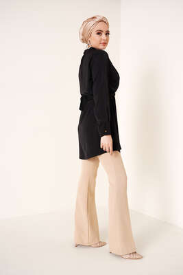 Katlı Kuşgözlü Tunik Siyah - Tunik