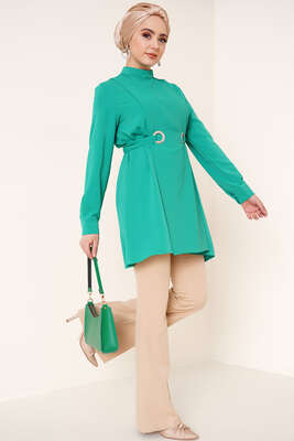 Katlı Kuşgözlü Tunik Yeşil - Tunik