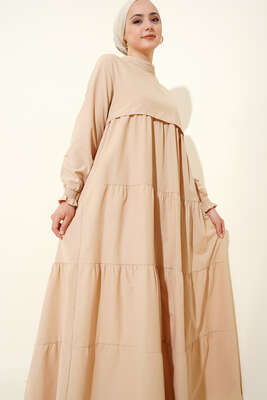 Katlı Model Bej Elbise - Tesettür Elbise