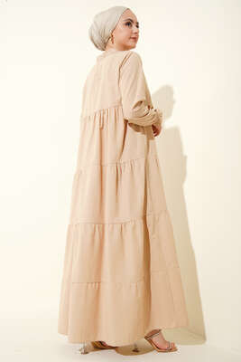 Katlı Model Bej Elbise - Tesettür Elbise