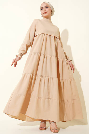 Katlı Model Bej Elbise - Yeni Tesettür Giyim