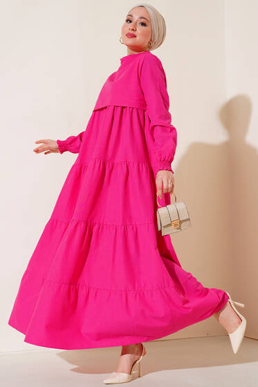 Katlı Model Elbise Fuşya - Yeni Tesettür Giyim