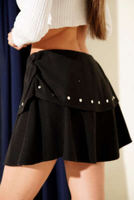 Katlı Zımbalı Mini Kaşe Etek Siyah - Kadın Giyim Modelleri