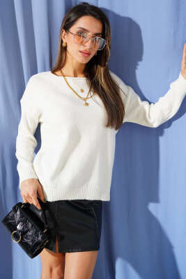 Kayık Yaka Basic Triko Kazak Ekru - Kadın Giyim Modelleri