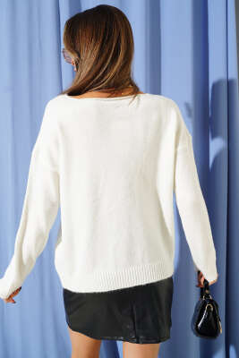 Kayık Yaka Basic Triko Kazak Ekru - Kadın Giyim Modelleri