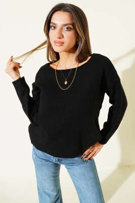 Kayık Yaka Basic Triko Kazak Siyah - Kadın Giyim Modelleri