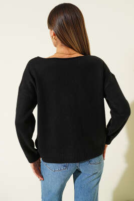 Kayık Yaka Basic Triko Kazak Siyah - Kadın Giyim Modelleri