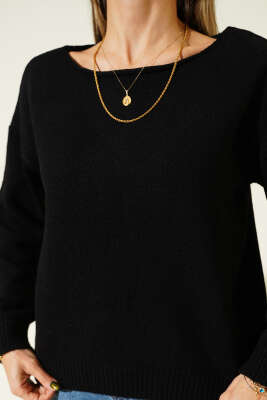 Kayık Yaka Basic Triko Kazak Siyah - Kadın Giyim Modelleri