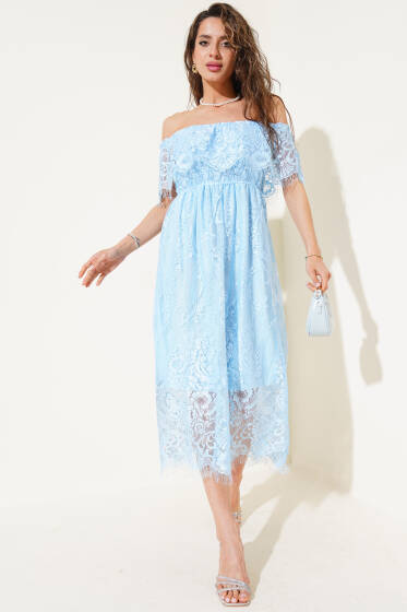 Kayık Yaka Bel Lastikli Dantelli Elbise Mavi - Kadın Giyim Modelleri