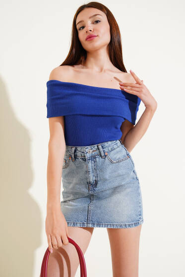 Kayık Yaka Fitilli Bluz Saks - Kadın Giyim Modelleri