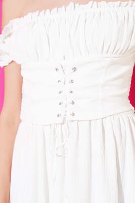 Kayık Yaka Kuş Gözü Detaylı Elbise Ekru - Kadın Giyim Modelleri