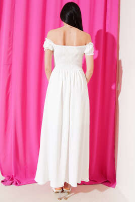 Kayık Yaka Kuş Gözü Detaylı Elbise Ekru - Kadın Giyim Modelleri