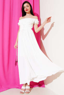 Kayık Yaka Kuş Gözü Detaylı Elbise Ekru 