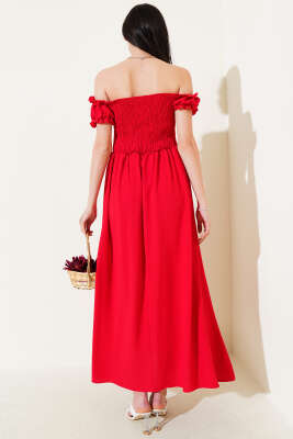 Kayık Yaka Kuş Gözü Detaylı Elbise Kırmızı - Kadın Giyim Modelleri