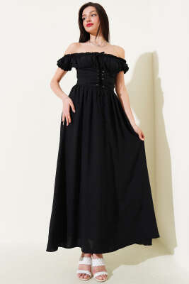 Kayık Yaka Kuş Gözü Detaylı Elbise Siyah - Kadın Giyim Modelleri