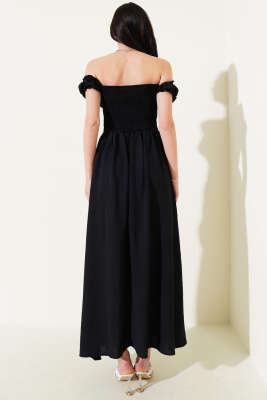 Kayık Yaka Kuş Gözü Detaylı Elbise Siyah - Kadın Giyim Modelleri