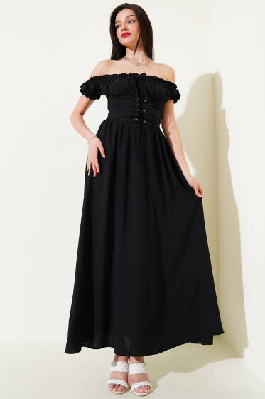 Kayık Yaka Kuş Gözü Detaylı Elbise Siyah - Yeni Giyim