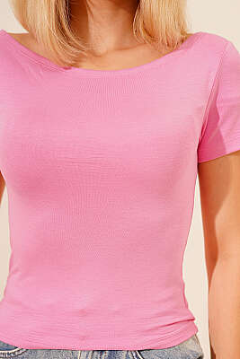Kayık Yaka Loyşa T-shirt Pembe - Kadın Giyim Modelleri