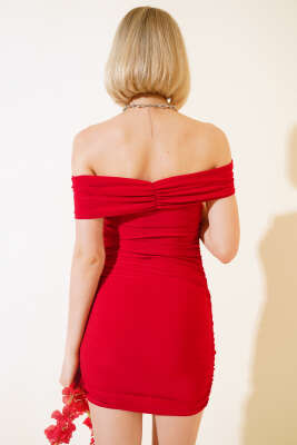 Kayık Yaka Mini Elbise Kırmızı - Kadın Giyim Modelleri