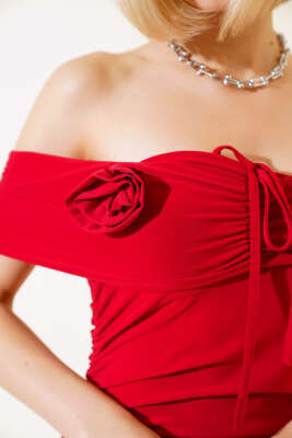 Kayık Yaka Mini Elbise Kırmızı - Kadın Giyim Modelleri