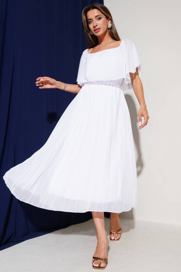 Kayık Yaka Pileli Şifon Elbise Beyaz - Kadın Giyim Modelleri