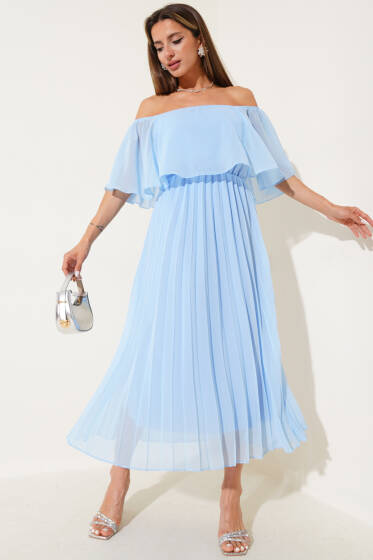 Kayık Yaka Pileli Şifon Elbise Mavi - Kadın Giyim Modelleri