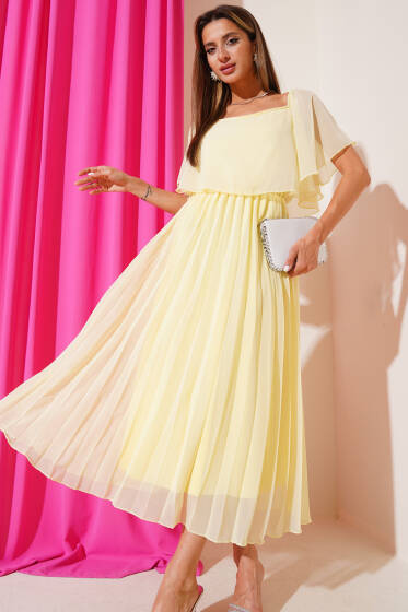 Kayık Yaka Pileli Şifon Elbise Sarı - Kadın Giyim Modelleri