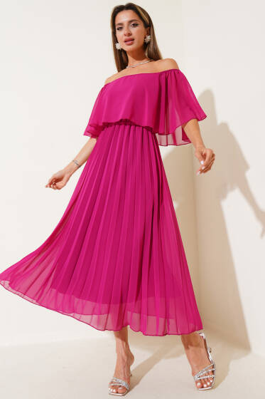 Kayık Yaka Pileli Şifon Elbise Vişne - Kadın Giyim Modelleri