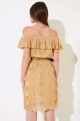 Kayık Yaka Piliseli Elbise Yağ Yeşili - Kadın Giyim Modelleri