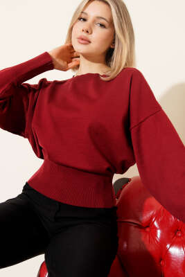 Kayık Yaka Salaş Triko Bluz Bordo 