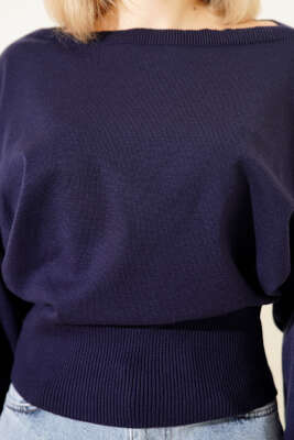 Kayık Yaka Salaş Triko Bluz Lacivert - Kadın Giyim Modelleri