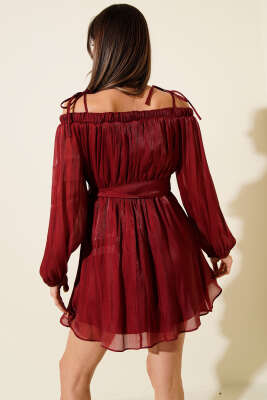 Kayık Yaka Transparan Şifon Mini Elbise Bordo - Kadın Giyim Modelleri