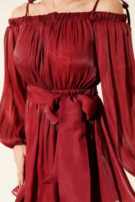 Kayık Yaka Transparan Şifon Mini Elbise Bordo - Kadın Giyim Modelleri