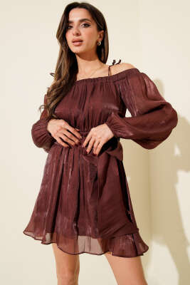 Kayık Yaka Transparan Şifon Mini Elbise Gül Kurusu - Kadın Giyim Modelleri