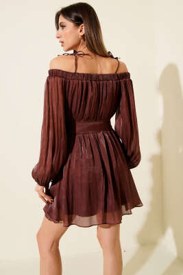 Kayık Yaka Transparan Şifon Mini Elbise Gül Kurusu - Kadın Giyim Modelleri