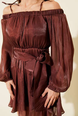 Kayık Yaka Transparan Şifon Mini Elbise Gül Kurusu - Kadın Giyim Modelleri