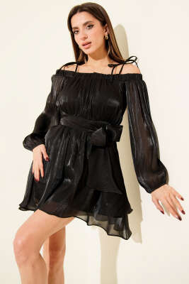 Kayık Yaka Transparan Şifon Mini Elbise Siyah - ESTELLE