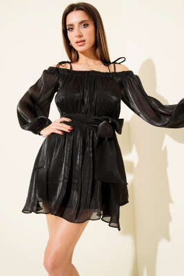 Kayık Yaka Transparan Şifon Mini Elbise Siyah - Kadın Giyim Modelleri