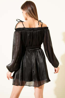 Kayık Yaka Transparan Şifon Mini Elbise Siyah - Kadın Giyim Modelleri