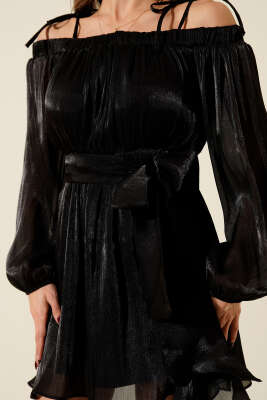 Kayık Yaka Transparan Şifon Mini Elbise Siyah - Kadın Giyim Modelleri