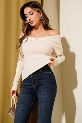 Kayık Yaka Triko Kazak Bej 