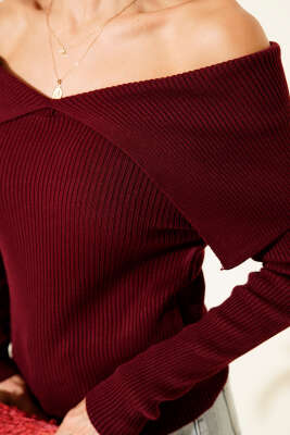 	 Kayık Yaka Triko Kazak Bordo - Kadın Giyim Modelleri