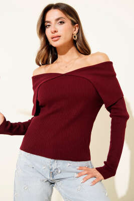 	 Kayık Yaka Triko Kazak Bordo - Yeni Giyim