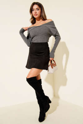 Kayık Yaka Triko Kazak Füme - Yılın Fırsatı