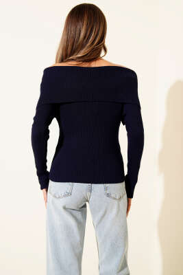 Kayık Yaka Triko Kazak Lacivert - Kadın Giyim Modelleri