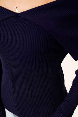 Kayık Yaka Triko Kazak Lacivert - Yeni Giyim