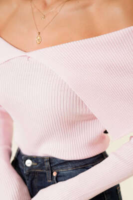 Kayık Yaka Triko Kazak Pembe - Yılın Fırsatı