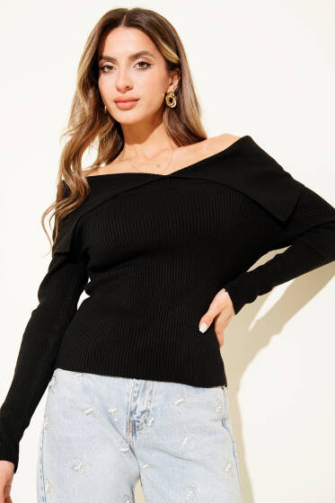 Kayık Yaka Triko Kazak Siyah - Kadın Giyim Modelleri