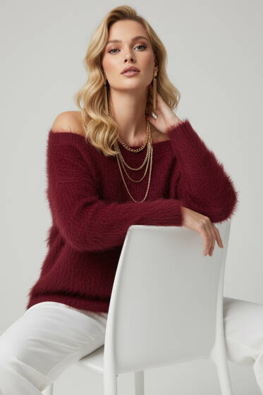 Kayık Yaka Tüylü Kazak Bordo - Kadın Giyim Modelleri